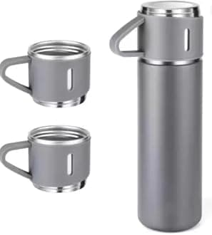 Vacuum Flask Gift Set Bottle with 3 Cups Flask 500 ml Flask (Pack of 1, Black, Steel) (Grey)