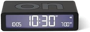 Lexon Flip Classic Digital Alarm Clock with Reversible On/Off Faces, Rechargeable bedside clock with LCD display, Touch Sensor for Snooze & Light function - Black