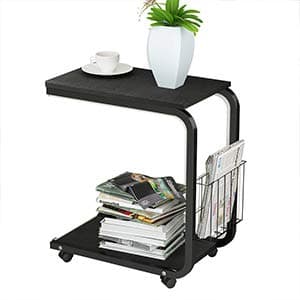 DlandHome U-Shaped Side Table Laptop Stand with Wheels Basket Desk for Bed Sofa Hospital Reading Eating，Black