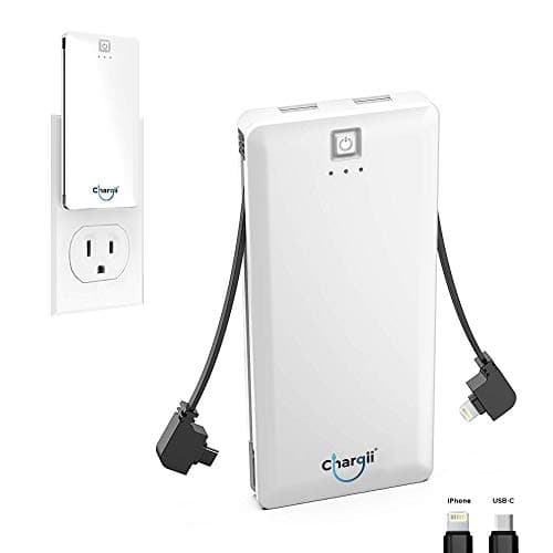 Chargii White Portable Battery Charger Built in Cable Compatible with iPhone Compatible Wall Plug AC Adapter USB-C + 2 USB Ports, Compact External Powerbank Cell Phone Compatible with iPhone, Android