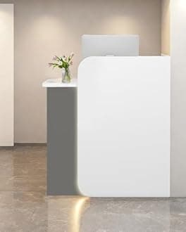 Reception Desk Office Checkout Counter, Modern Front Desk Reception Counter Desk with Lockable Drawer Simple Retail Counter for Retail, Lobby, Beauty Salon Clothing Store(Gray+White,32" Lx18 Wx39 H)