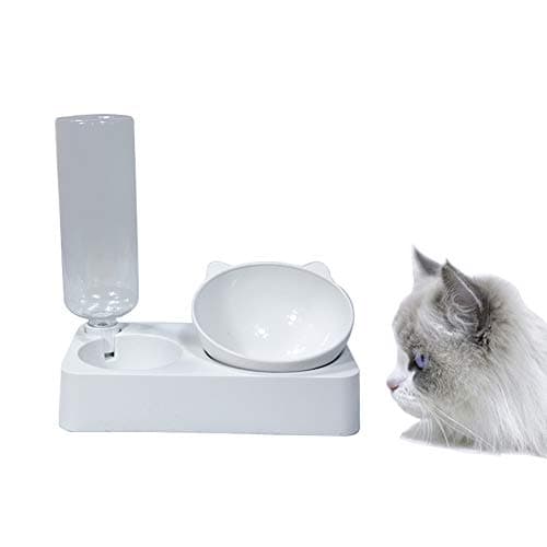 Luck Dawn Dog Cat Automatic Water Bowl with Raised Stand, 0-15 Degree Adjustable Tilted Design Neck Guard Stand Raised Elevated Pet Food Water Feeder Bowl Set for Cats or Small Dogs