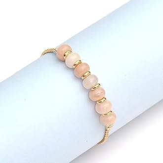 Gempires Peach Moonstone Bolo Bracelet, Handmade Beaded Jewellery, Crystal Beads Bracelets for Women, 14k Gold Plated Slider Chain, 6 to 8-inch Adjustable Bracelet