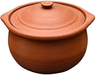 EZAHK Handmade Clay Earthen Non-Stick Kadai Pot With Lid For Cooking & Serving - Brown(2 Litre) Natural And Traditional Pure