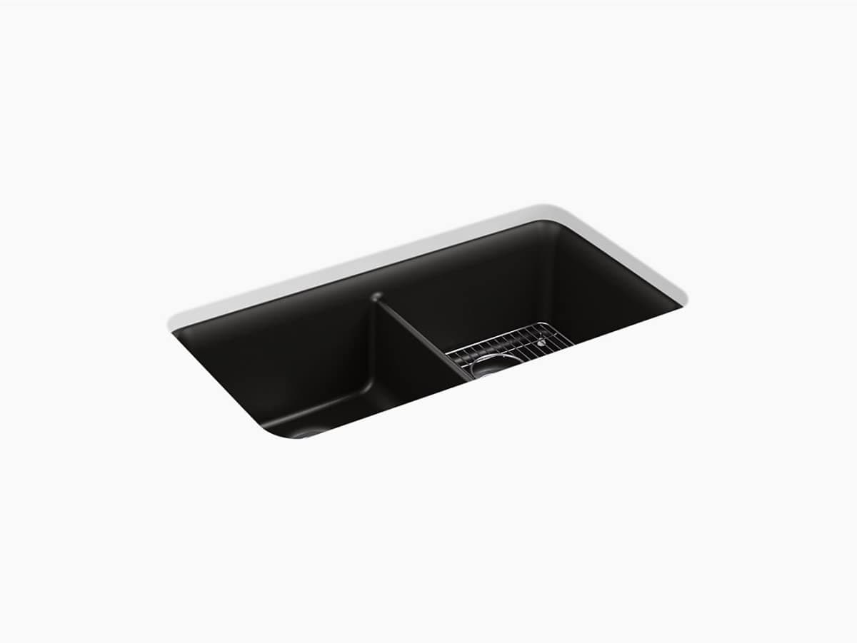 K-8199-CM1 Cairn Under-Mount Double-Equal Kitchen Sink with Basin Rack, 33-1/2" x 18-5/16" x 9-1/2", Matte Black
