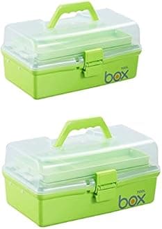 2PCS 12'' Three-Layer Clear Plastic Storage Box/Tool Box, Multipurpose Organizer and Portable Handled Storage Case for Art Craft and Cosmetic (Green)
