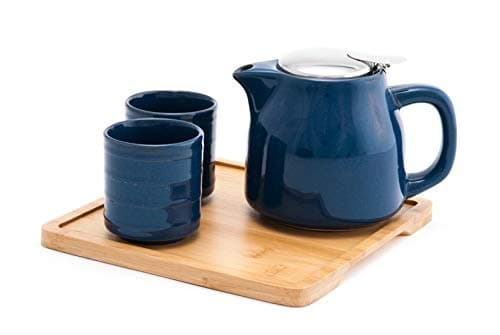 Fuji Merchandise Colorful Ceramic 20 fl oz Teapot with Two Matching Cups and Bamboo Tray Tea Set (Blue)
