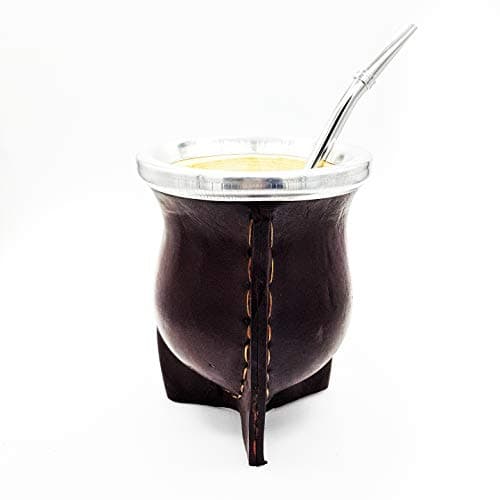 Leather Wrapped Handmade Mate Gourd with Alpaca Silver Trim and Silver Alpaca Bombilla. Made in Argentina (Dark Brown, Natural Gourd)