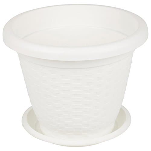 25Cm Rattan Plant Flower Pot Coloured Stackable Pots & Saucer Herb Planter Garden (White - 3 Pots & Saucers)
