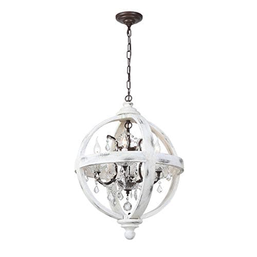 20" Decomust Chandeliers Orb Withered White Wood Finish 4 Light Orb Chandelier Wood Finish Antique Metal Crystal Inside