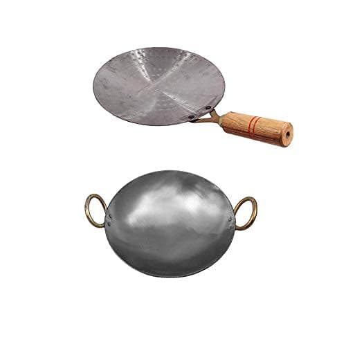 Iron cookware Set Iron deep Kadai/Frying Pan for Cooking Fry Kadhai/Pan Heavy Base 8 inch 1.5 Liter & Iron Tawa for Roti/Chapathi/Chapati 9 inch Induction Friendly Silver Color