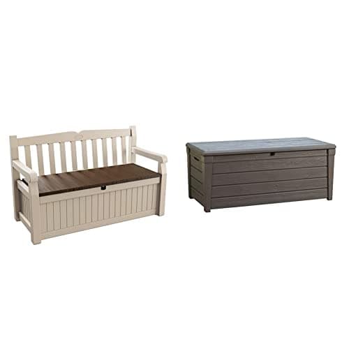 Keter Eden Bench Beige and Brown, 140 x 60 x 84 cm & Brightwood Outdoor Storage Box Garden Furniture, 145 x 69.7 x 60.3 cm - Brown