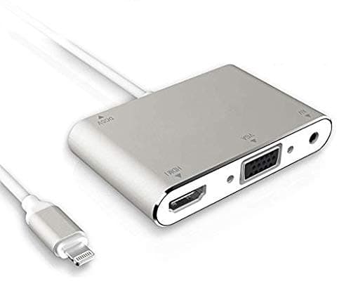 HDMI VGA AV Adapter Converter, 2019 Latest 4 in 1 Plug and Play Digtal AV Adapter Compatible for iPhone X / 8 / 8Plus/7/7Plus/6/6s/6s Plus/5/5s iPad iPod to Projector HDTV Projector Monitor (Silver)