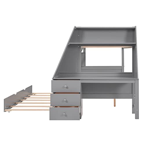 Harper & Bright Designs Twin Over Full Wood Bunk Bed with Desk and Trundle, Kids Bunk Beds with Storage Drawers and Shelf for Girls Boys,Grey