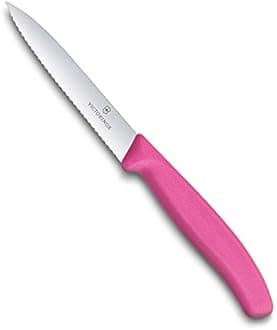 Victorinox Kitchen Knife, Stainless Steel Swiss Made Vegetable Cutting and Chopping Knife, Serrated Edge, 10 cm, Pink