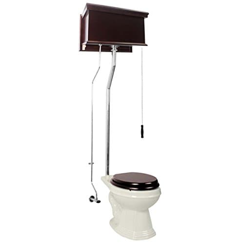 Dark Oak High Tank Pull Chain Toilet With Elongated Biscuit Toilet Bowl And Chrome Finish Pull Chain Toilet