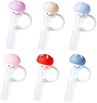 6Pcs Cute Mushroom Straw Cover Cap for Stanley Cup Decor, 10mm Reusable Cute Pink Drinking Straw Topper Accessories for, Portable Protector Plugs Decorations Gifts for Kids Party Favors