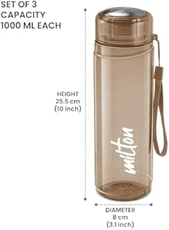 MILTON Hector 1000 Pet Water Bottle, Set of 3, 1 Litre Each, Brown, Reusable Plastic Fridge Bottle, BPA Free and Leak Proof Bottles for Travel, Work