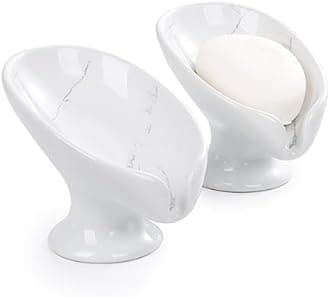 Soap Dish Set, Self Draining Bar Soap Holder for Bathroom Sink, Leaf Shaped Drainage Soap Dish Ceramic Marble Porcelain Decorative Soap Dishes 2PCS, No Suction Cup, ANTIS'S HOME
