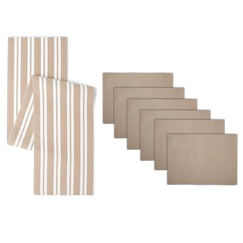 Encasa XO Dining Set (6 Placemats + 1 Table Runner) | Franca Beige | Ribbed Cotton | Over 20 Modern Colors & Woven Designs, Machine Washable, Large