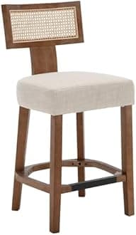 26’’ Rattan Barstools with Back Counter Height Bar Stools Set of 1, Modern Farmhouse Beige Linen Upholstered Wicker Counter Stools, Woven Boho Bar Height Stools with Natural Wood Frame