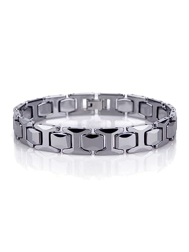 URBAN JEWELRY Stunning Solid Tungsten Link Bracelet for Men Polished Link, Puzzle, Ceramic Style (Silver, Black, 18K Gold Plated Option)