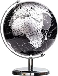 AKDC Metallic World Globe Black 14cm – Educational/Geographic/Modern Desktop Decoration - Stainless Steel Arc and Base/Earth World - Metallic Black - for School, Home, and Office (14cm)