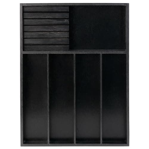 VaeFae Bamboo Silverware Organizer, Utensil Holder for Drawer, Wooden Cutlery Tray with Divider for Kitchen Drawer, Utensil Organizer with Knife Block（Black）