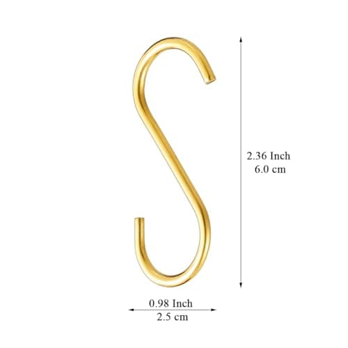 Evanda Metal Heavy Duty S Shaped Hooks, Stainless Steel Hooks Pack of 30 for Hanging Hangers, Kitchen Pan Pot Holder Rack Hooks for Kitchenware Cups Utensils Clothes Bags Towels Plants. (Gold)