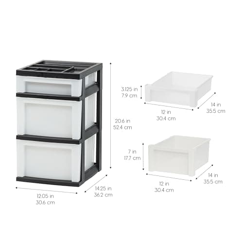 IRIS USA 3 Drawer Storage Cart - Plastic Organizer for Classroom Supplies, Art Supplies, Small Parts, Pearl/Black