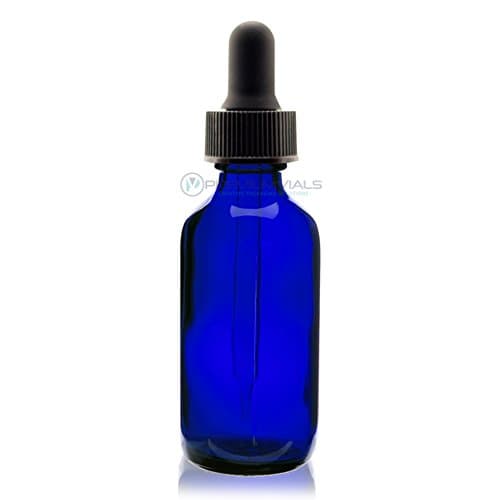 2 Oz (60 ml) Blue Boston Round Glass Bottle w/Dropper - Pack of 6