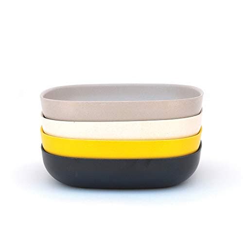 EKOBO Bamboo 40oz Plate, Service for 4, Gift Box, BIOBU Eco-Mate Pasta/Salad Bowl Set, 4 Pack, Black/Grey/White/Yellow