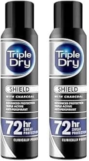Triple Dry Men| Shield With Charcoal Anti-Perspirant Spray 150ml | 72-Hour Protection Against Excessive Sweating | Fights Odour | Triple Active Formula | Clinically Proven | Male (Pack of 2)