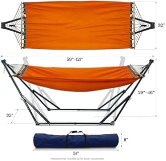 Tranquillo Sturdy Steel Hammock with Stand Premium Cotton Canvas Hammock, 600 lbs Capacity Hammock Stand Folding, Portable 30-Second Fold Unfold Hammock for Camping, Orange