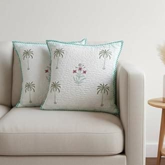 HOMEMONDE Premium Cotton Cushion Covers Set Of 2 - Soft Floral Hand Block Print Living Room 24 X 24 Inch Pillow Cases, Green, 300 TC