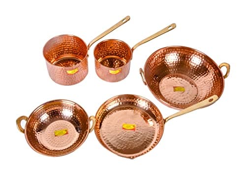 Shiv Shakti Arts® Pure Copper Cookware Set 5 Piece Set (Copper Sauce Pan Set | Copper Kadhai Set | Copper Fry Pan) with Brass Handle for Cooking Purpose