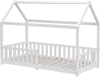 Pine Wood House Bed for Kids with Guardrail,Decorative Floor Bed, 3FT Single Bed Frame for Children Girls and Boys (white)