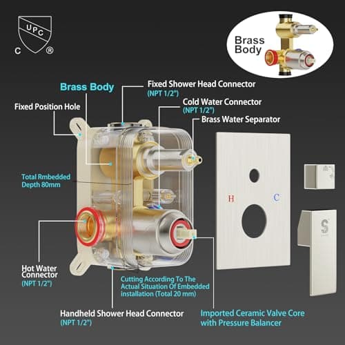 SR SUN RISE 12 Inches Shower Set with Adjustable Angle Slide Bar, Brass Pressure Balancing Shower Faucet Valve,12 Inches Rain Shower Head,Brass Shower Bar Set, Brushed Nickel