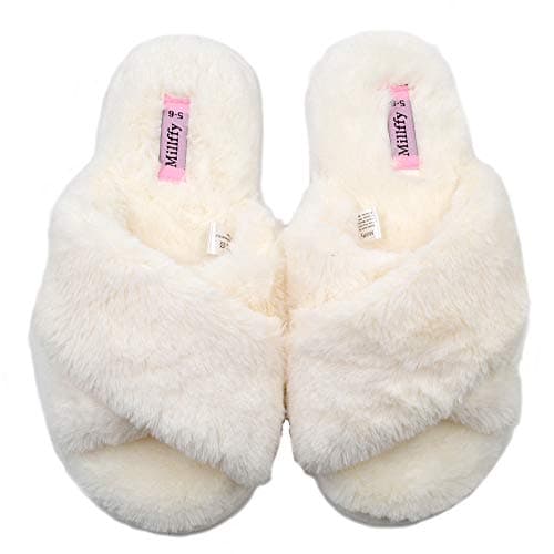 MillffyFuzzy Fluffy Open Toe Slippers for Summer Warm Comfy flip Flop Slippers for Women Slip on
