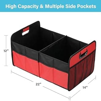 Simple Deluxe Car Trunk Organizer, Anti-slip Design, Made of Waterproof 600D Oxford Polyester, 2 Compartments Collapsible Trunk Storage, Suitable for SUV, 14" D x 22" W x 12" H, Red