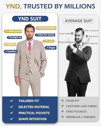 YND Men's Slim Fit 3 Piece Suit Set, One Button Solid Blazer Vest Pants with Tie