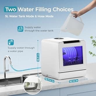 EUHOMY Countertop Dishwasher Portable, 8 Programs Mini Dishwasher with 5L Built-in Water Tank and Inlet hose, No Hookup Needed, Dishwasher with Self Clean/Baby Care/Air Dry, for Apartments, RVs, White
