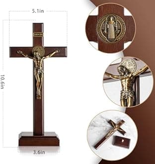 KUXBET Wooden Crucifix Cross with Removable Stand 10 Inch Standing Catholic Wooden Jesus Christ Wall Hanging Cross for Home Decoration