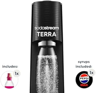 SodaStream - Terra Sparkling Water Maker starter bundle, Quick Connect CO2 System, Includes 60L Gas Cylinder, 1 x 440ml Pepsi Max, BPA-Free 1L Bottle, Eco-Friendly & Reduces Plastic Waste, Black