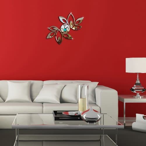 Dupin LLC （TM） Modern 3D DIY Big Flower Creative Rhombus Leaves Leaf Wall Clock Mirror Fashion Design Removable Acrylic Wall Sticker Home Decoration (silver)