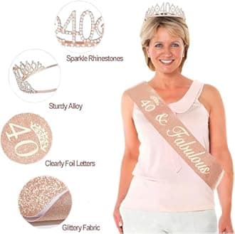40th Birthday Decorations for Women, Including Crown/Tiara, Sash, Cake Topper and Candles, 40th Birthday Gifts Women