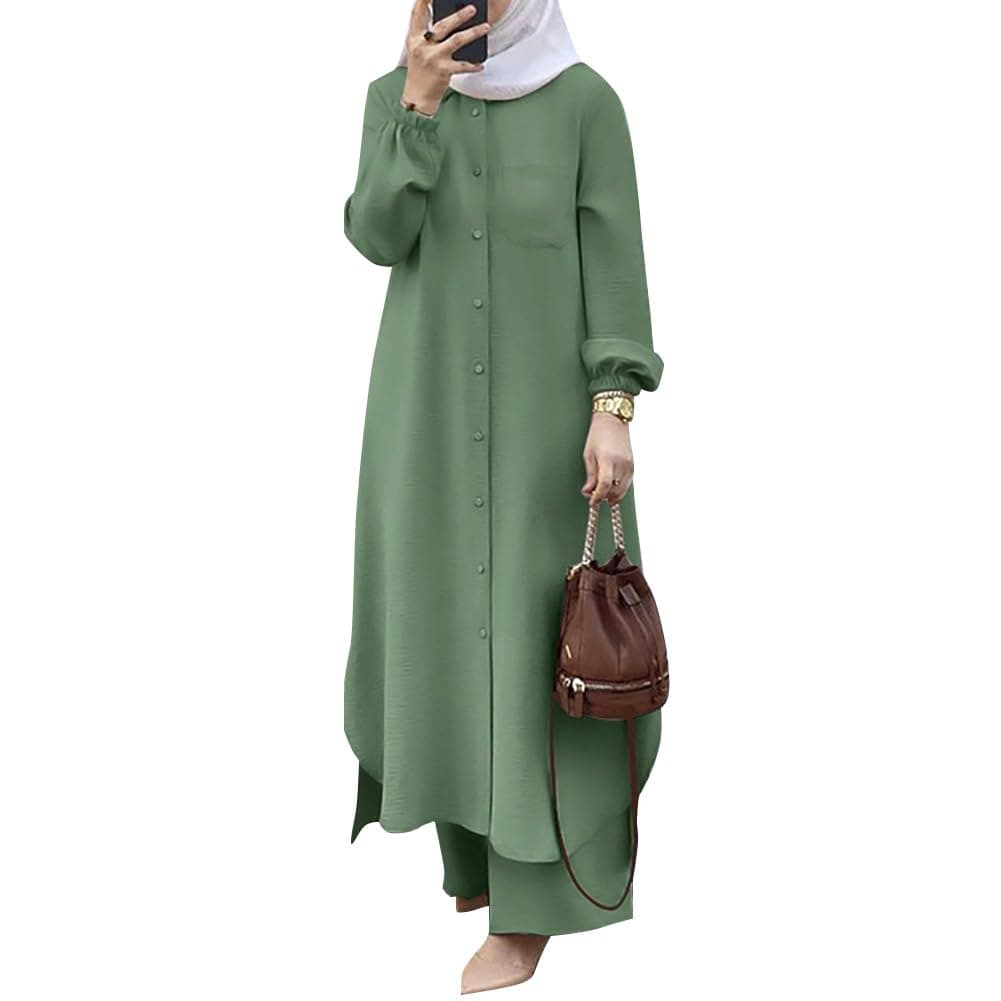 Women's Muslim 2 Pieces Sets Long Sleeve Button Down Shirt and Pants Abaya Casual Dress Dubai Outfits