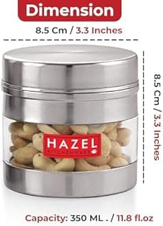 HAZEL Stainless Steel Transparent See Through Container, Silver, 1 PC, 350 Ml