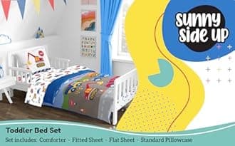 Sunny Side Up Construction Zone Toddler Comforter Set - 4 Piece Preschool Bedding Includes Comforter, Sheets & Pillow Cover - Super Soft Vehicles Microfiber Bed Set