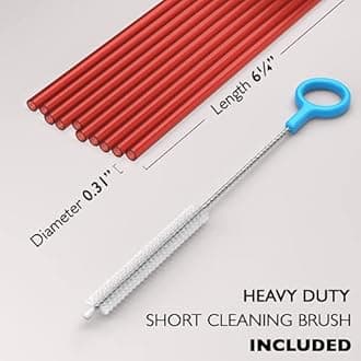 10 Short Reusable Hard Red Plastic Drinking Straws, Medium Width + Sturdy Cleaning Brush - for Cocktails, Small Cups, Kids Drinks - Dishwasher Safe BPA Free